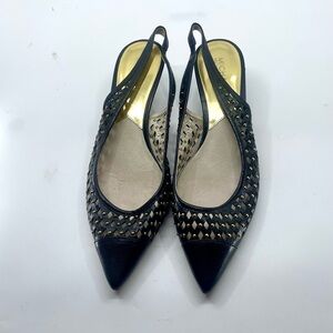Michael Kors Black Leather Slingback Kitten Heels w/ Cutouts and Gold Accents